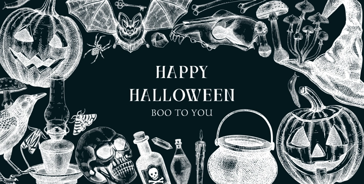 Halloween frame design on chalkboard. Hand drawn vector illustrations. Skull, bones, Halloween pumpkin, poisonous mushrooms, snakes, witch sketches. Halloween party invitation, card template, banner